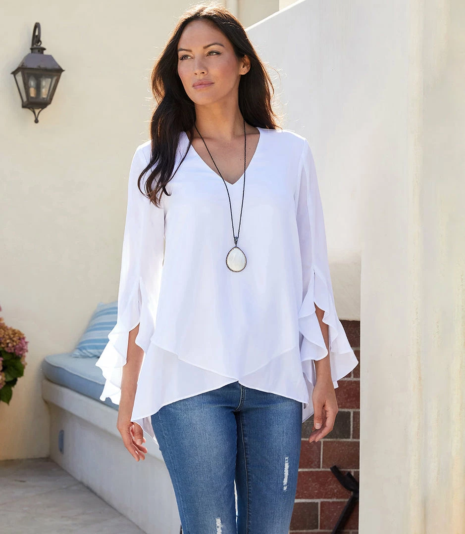 Kane Kane Ruffle Sleeve Crossover Top Tops