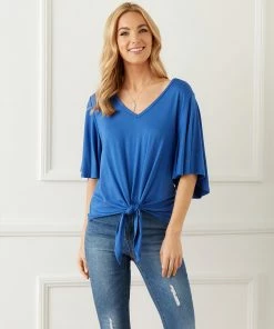 Karen Kane Flutter Sleeve Tie-Front Top Clothing