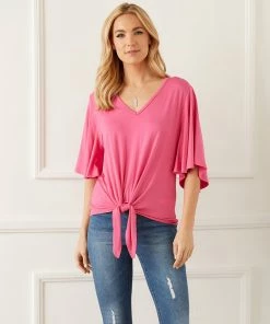 Karen Kane Flutter Sleeve Tie-Front Top Clothing
