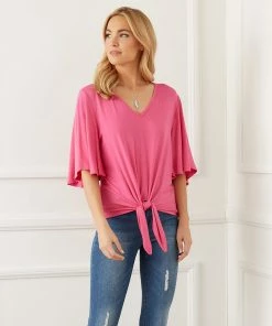 Karen Kane Flutter Sleeve Tie-Front Top Clothing