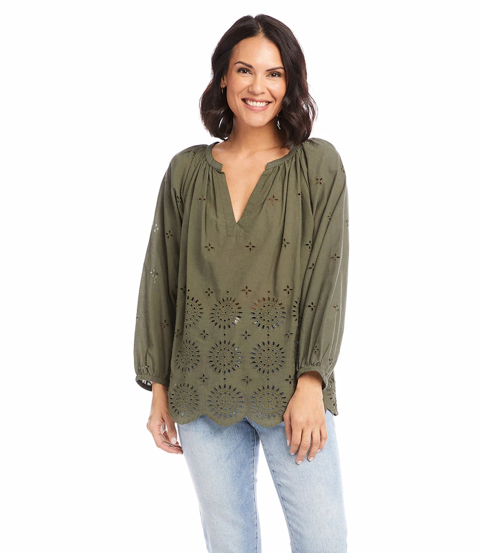 Karen Kane Eyelet Border Peasant Top