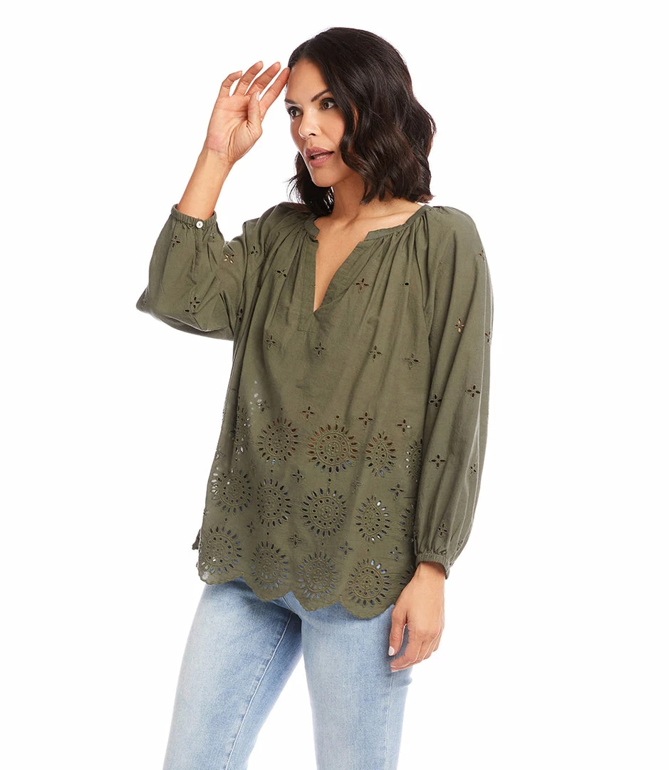 Karen Kane Eyelet Border Peasant Top