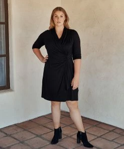 Karen Kane Plus Size 3/4 Sleeve Cascade Wrap Dress Dresses