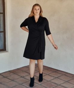 Karen Kane Plus Size 3/4 Sleeve Cascade Wrap Dress Dresses