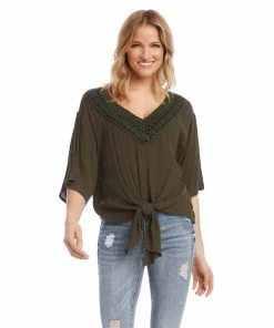 Karen Kane Crochet Neck Tie-Front Top