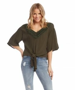 Karen Kane Crochet Neck Tie-Front Top