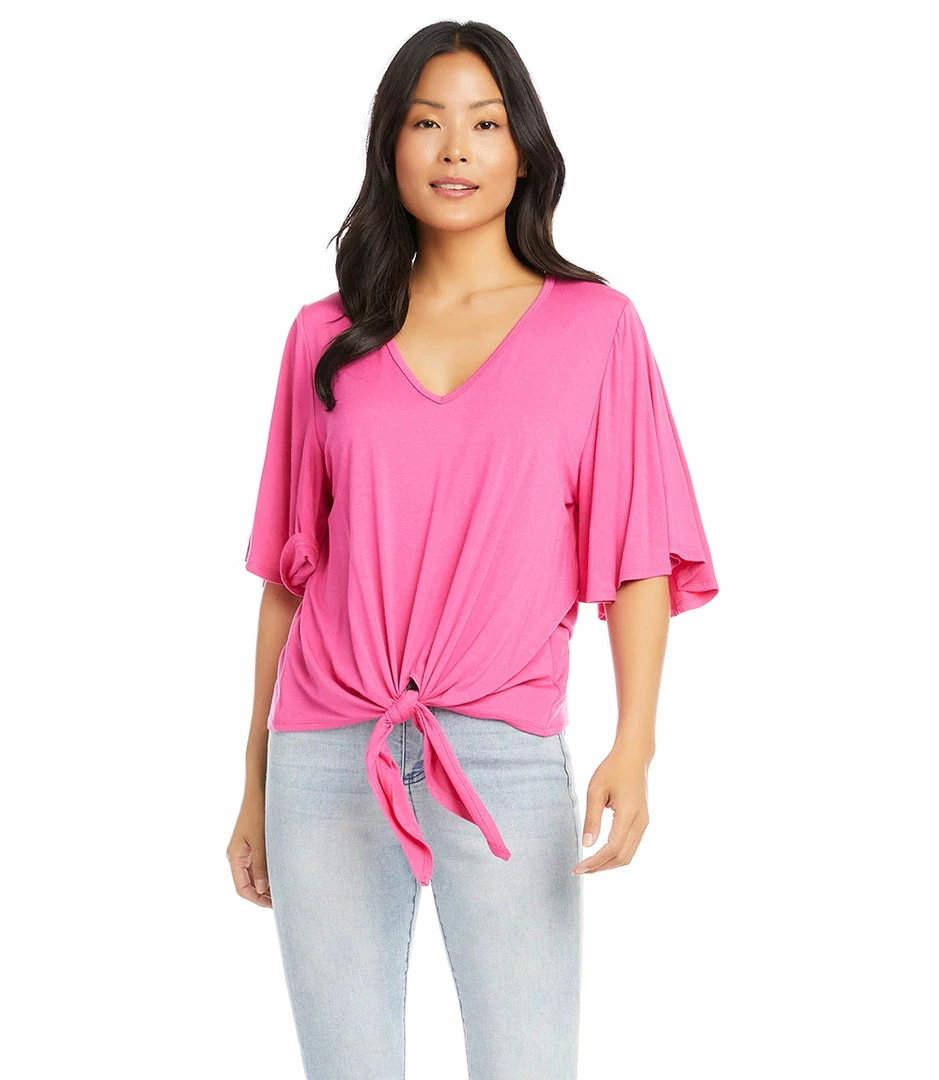 Karen Kane Petite Size Flutter Sleeve Tie-Front Top