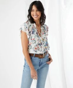 Karen Kane Clothing Short Sleeve Ruffle Tie-Neck Top