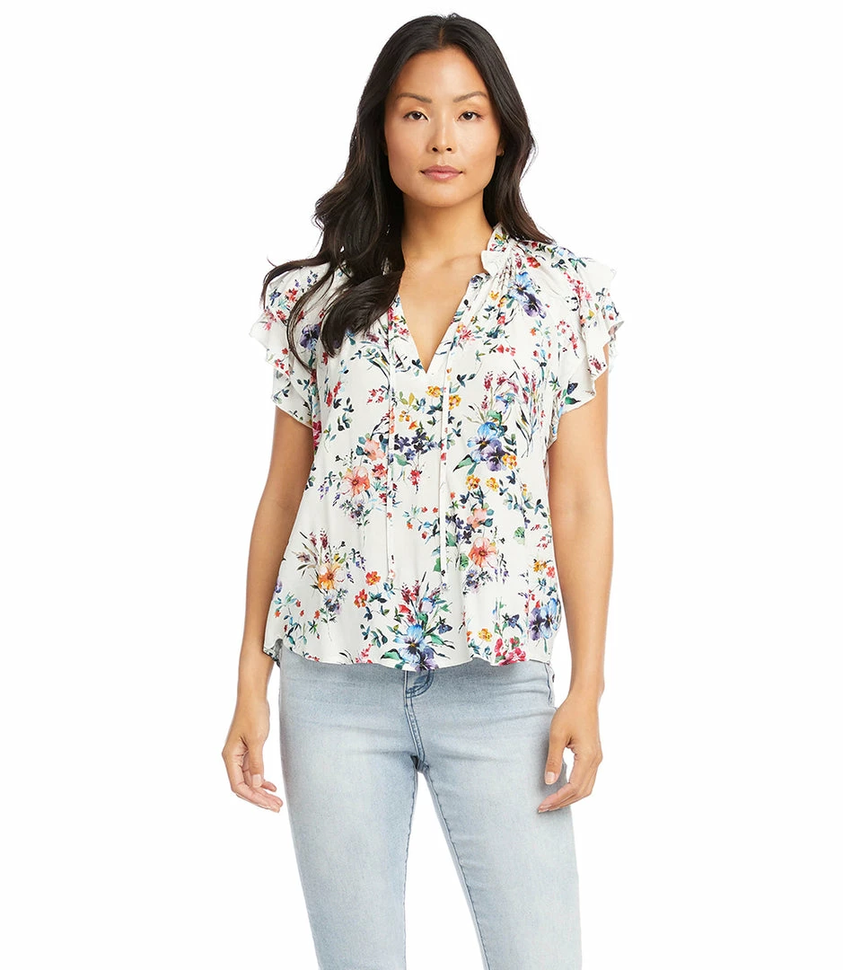 Karen Kane Clothing Short Sleeve Ruffle Tie-Neck Top