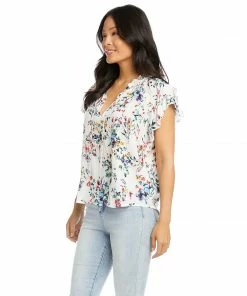 Karen Kane Clothing Short Sleeve Ruffle Tie-Neck Top