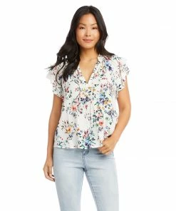 Karen Kane Clothing Short Sleeve Ruffle Tie-Neck Top