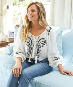 Karen Kane Tops Plus Size Embroidered Peasant Top