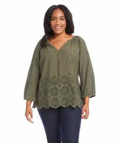 Karen Kane Plus Size Eyelet Border Peasant Top