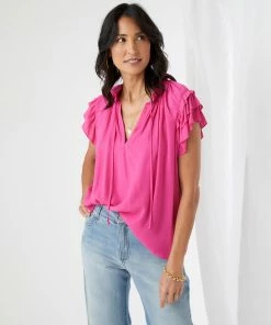 Karen Kane Flutter Sleeve Ruffle Top Clothing